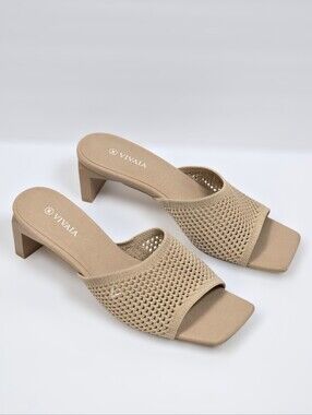 VIVAIA Juliet Square Toe Knit Block Heel Mules Sandals In Beige Sz.38 7-7.5